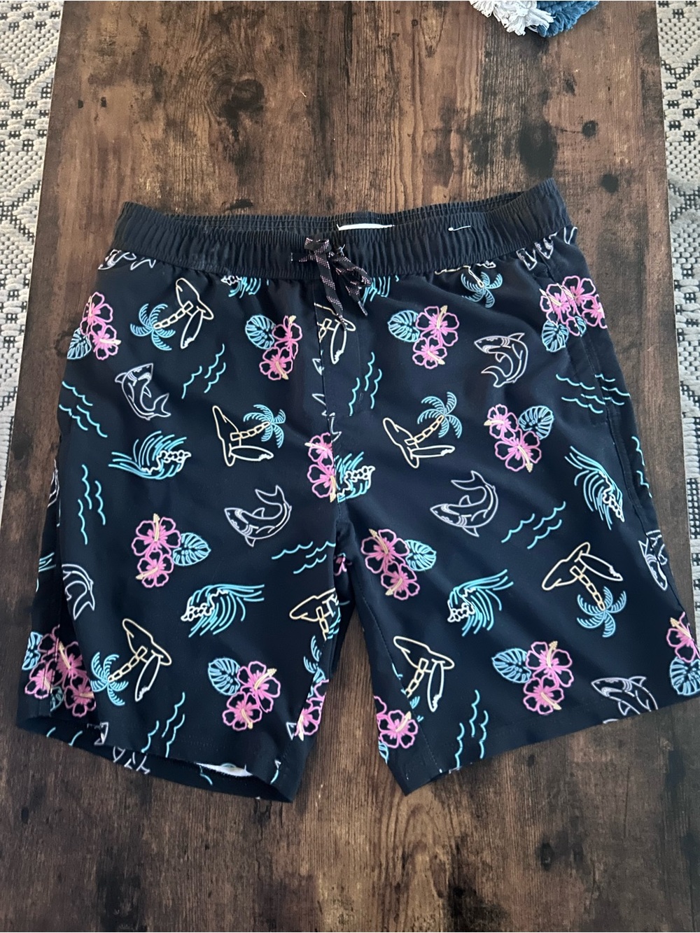 Black Tropical Print Swim Trunks with Pink & Teal Accents